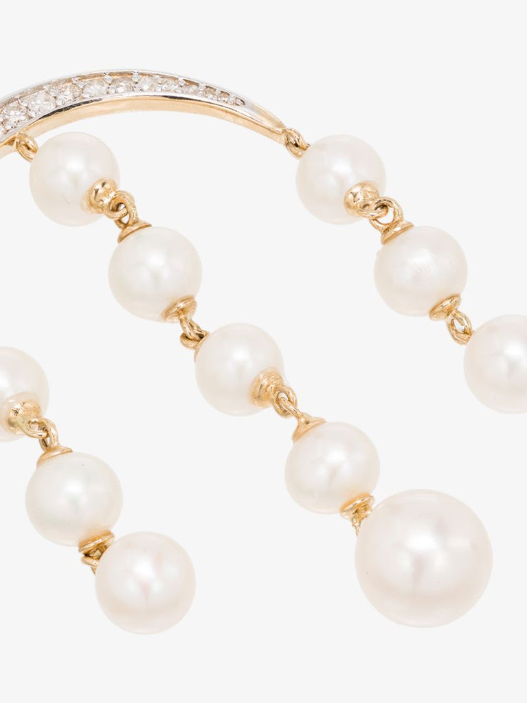 14k Yellow Gold Crescent Moon Pearl and Diamond Drop Earrings