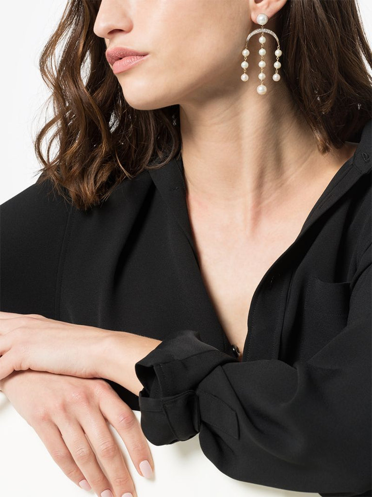 14k Yellow Gold Crescent Moon Pearl and Diamond Drop Earrings