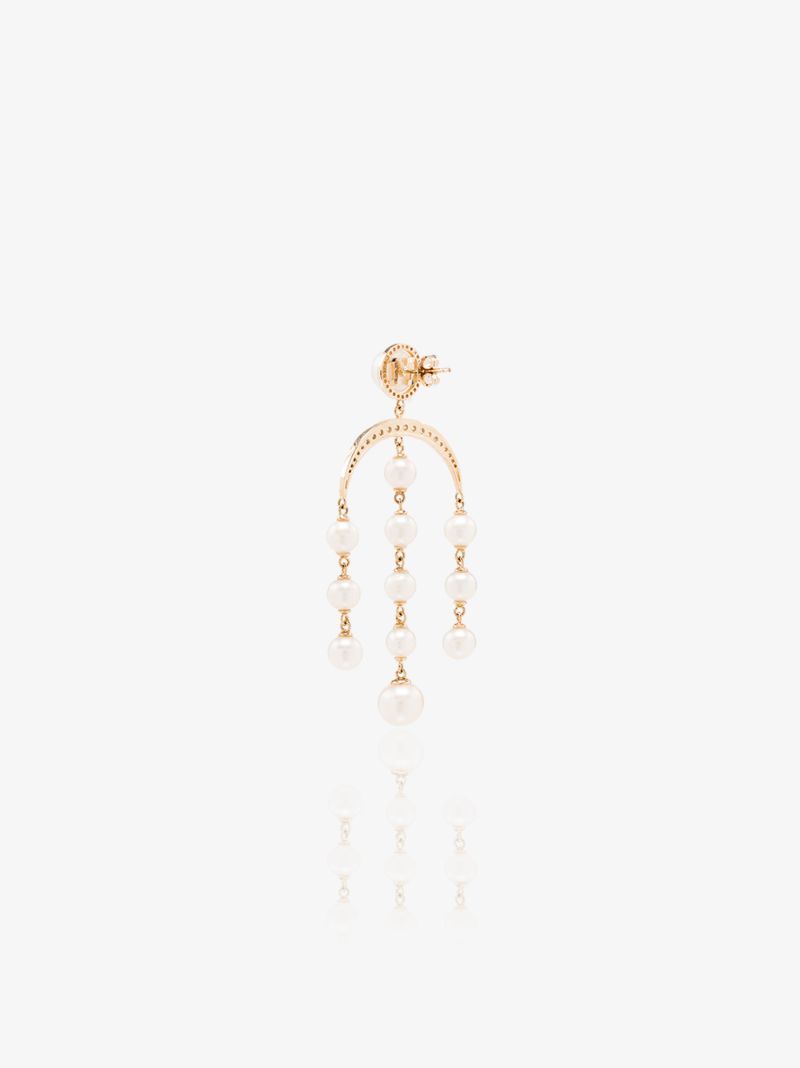 14k Yellow Gold Crescent Moon Pearl and Diamond Drop Earrings