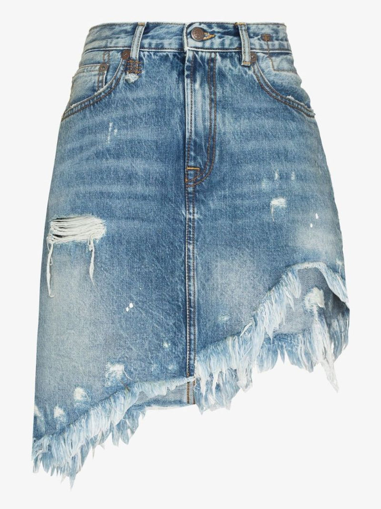 Asymmetric Distressed Denim Mini Skirt