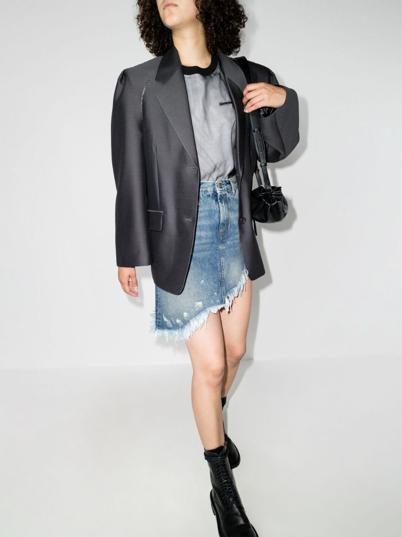 Asymmetric Distressed Denim Mini Skirt