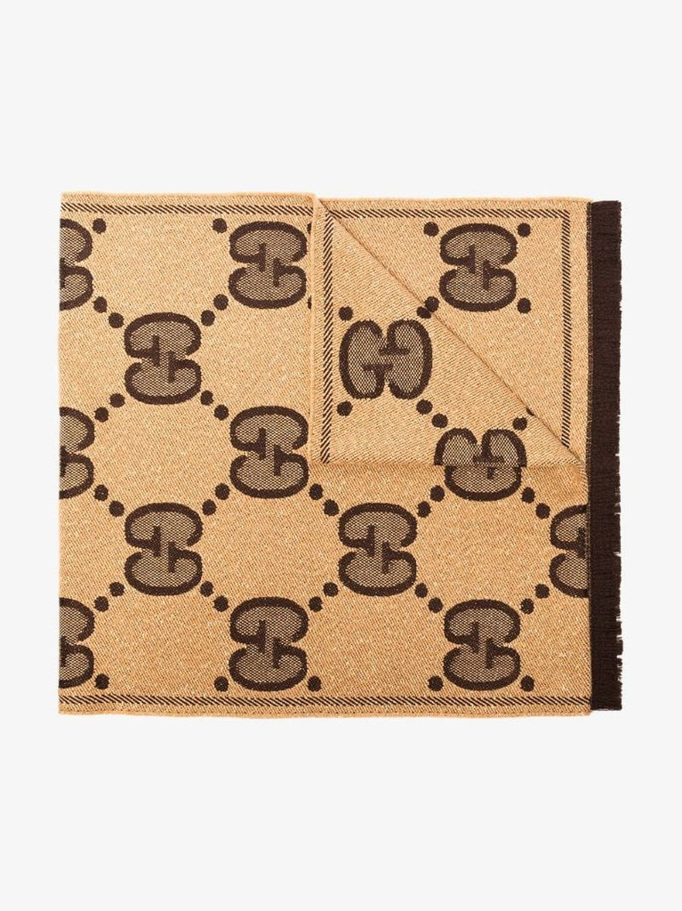 Brown Gg Logo Jacquard Wool Scarf