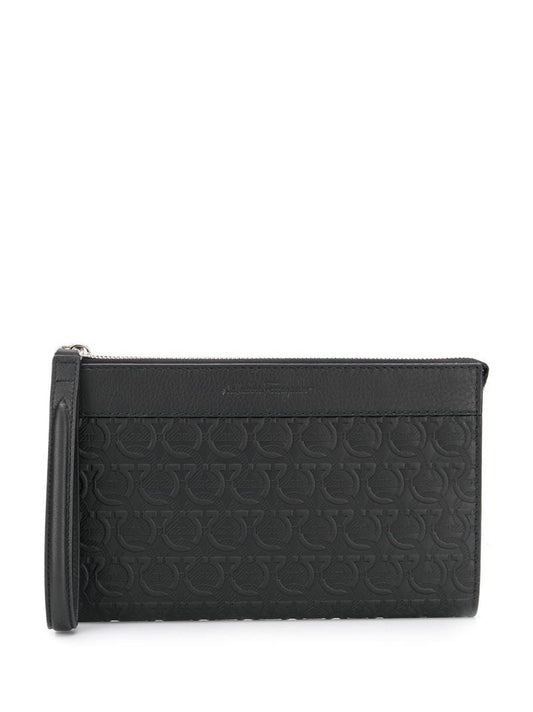 Black Embossed Gancini Leather Clutch Bag