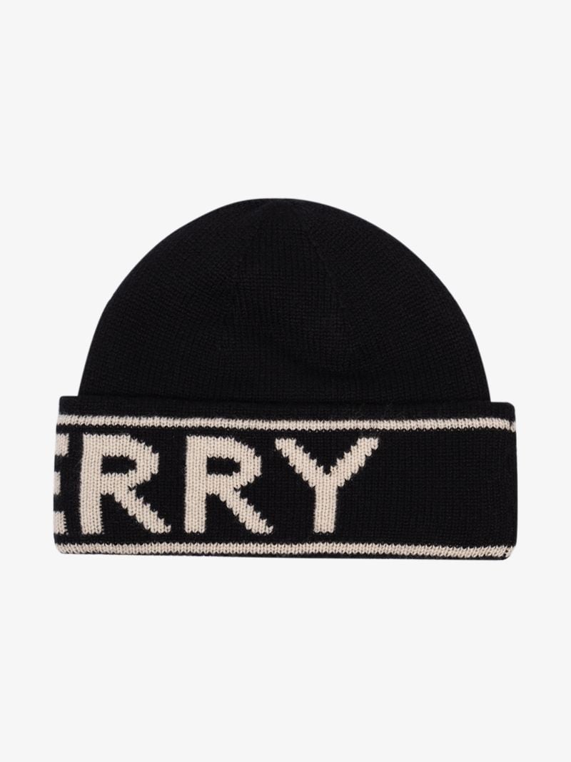 Black Logo Intarsia Cashmere Beanie Hat