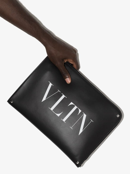 Black Vltn Logo Leather Pouch Bag