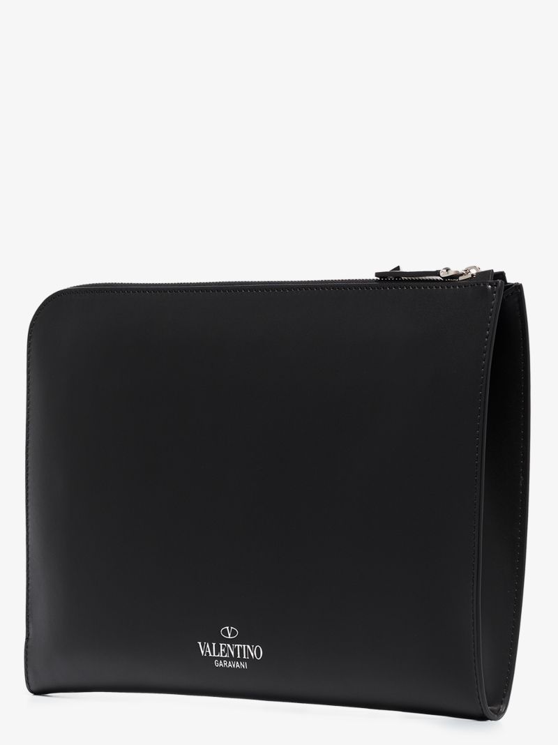 Black Vltn Logo Leather Pouch Bag