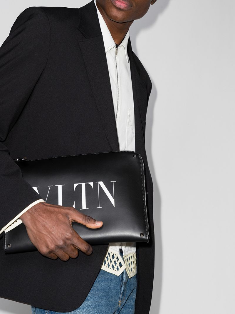 Black Vltn Logo Leather Pouch Bag