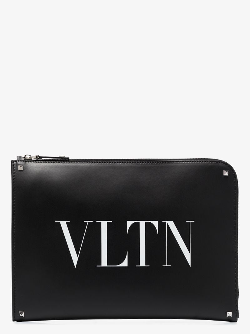 Black Vltn Logo Leather Pouch Bag