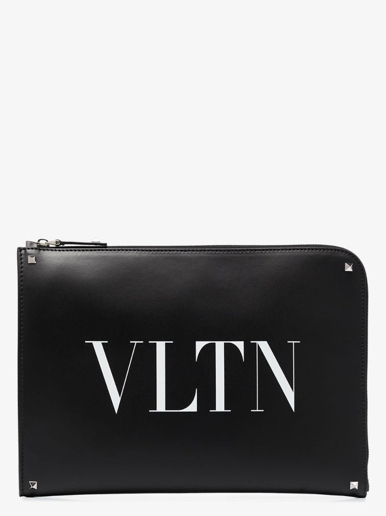 Black Vltn Logo Leather Pouch Bag