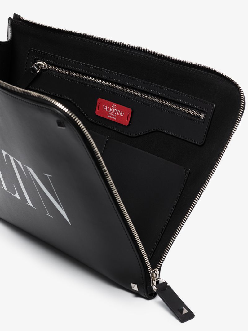 Black Vltn Logo Leather Pouch Bag