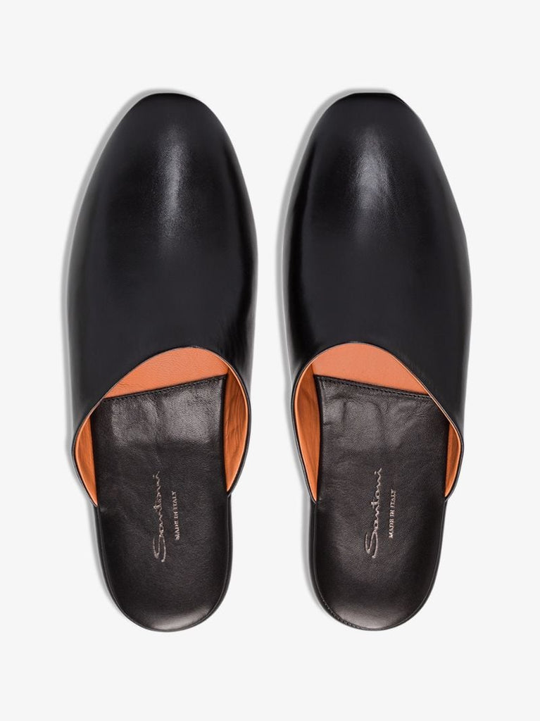 Black Backless Leather Slippers