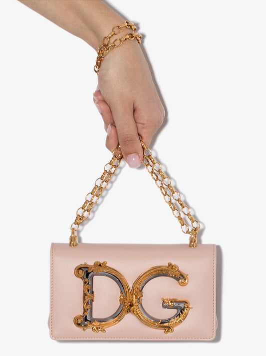 Pink Girls Logo Leather Shoulder Bag