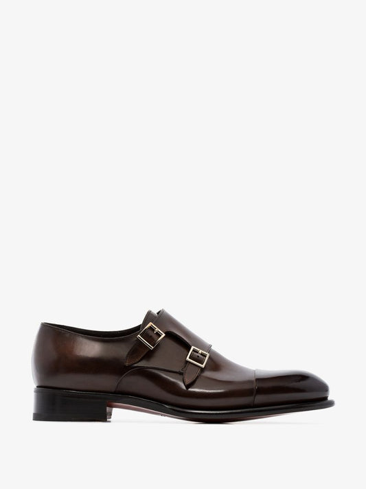 Brown Double Strap Leather Monk Shoes