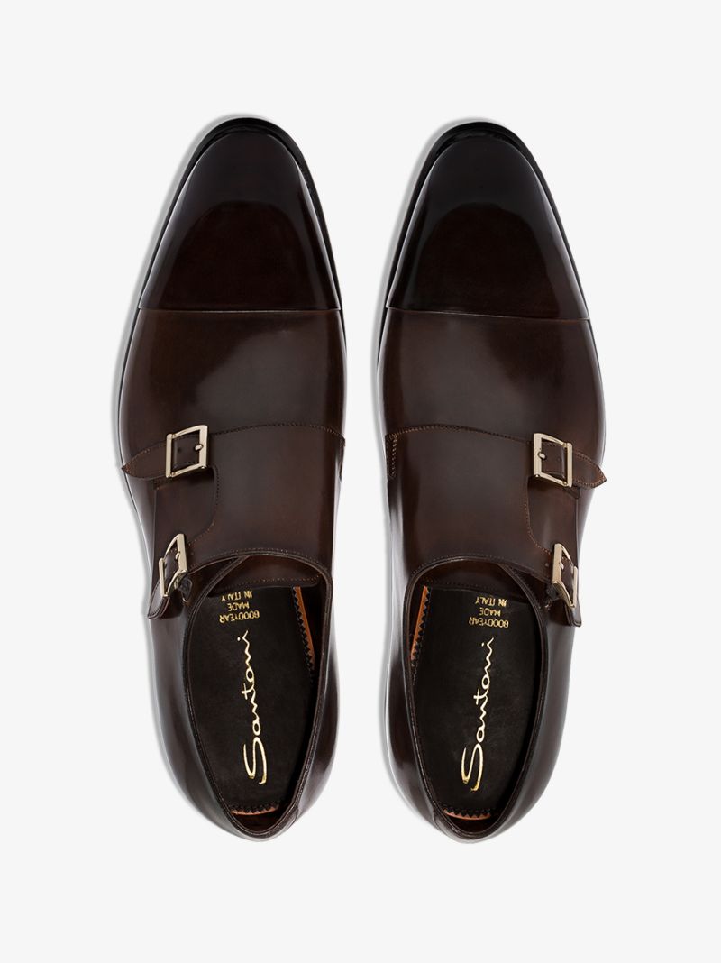 Brown Double Strap Leather Monk Shoes