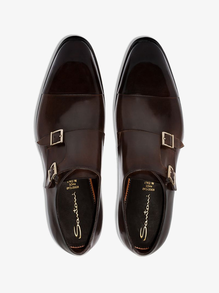Brown Double Strap Leather Monk Shoes