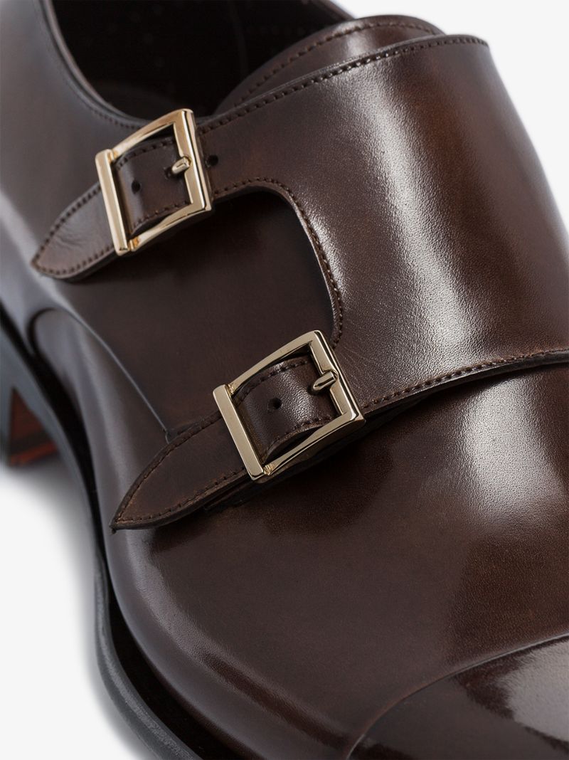 Brown Double Strap Leather Monk Shoes