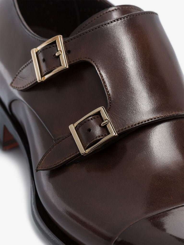 Brown Double Strap Leather Monk Shoes