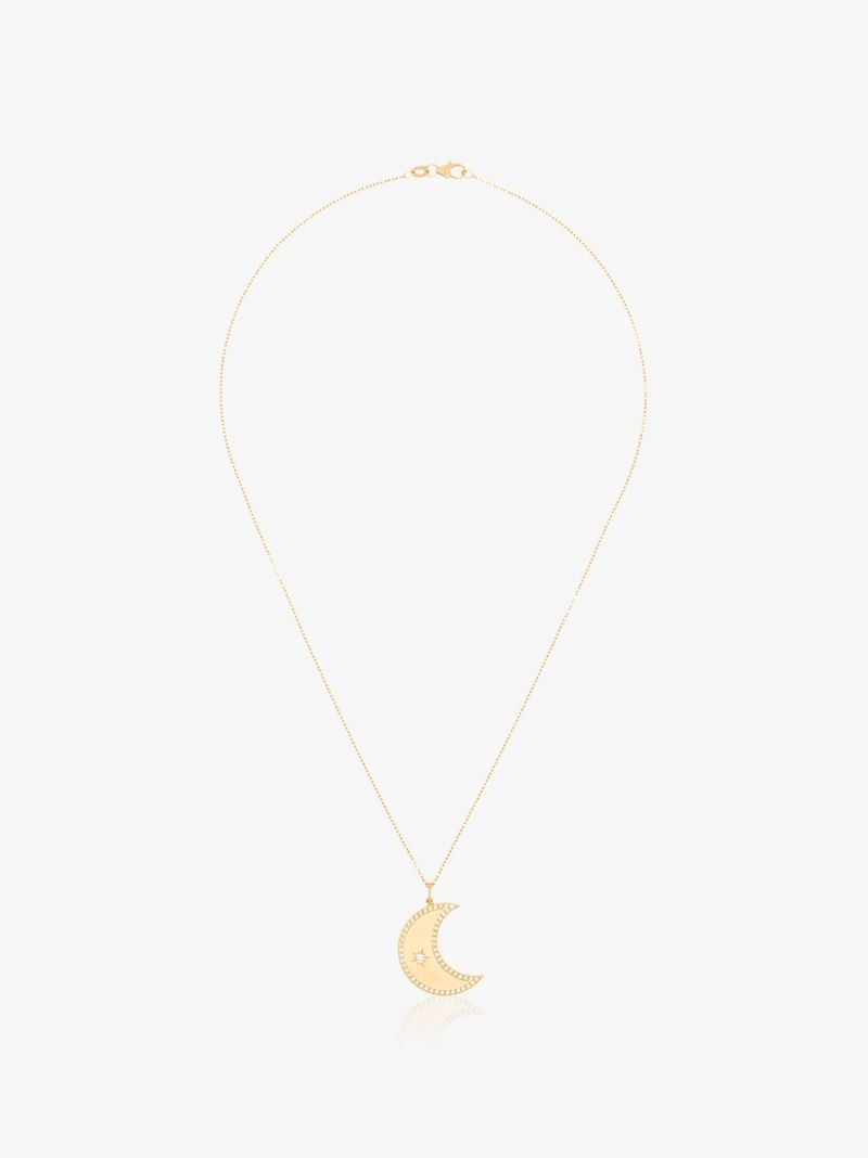 18k Yellow Gold Crescent Moon Diamond Pendant Necklace