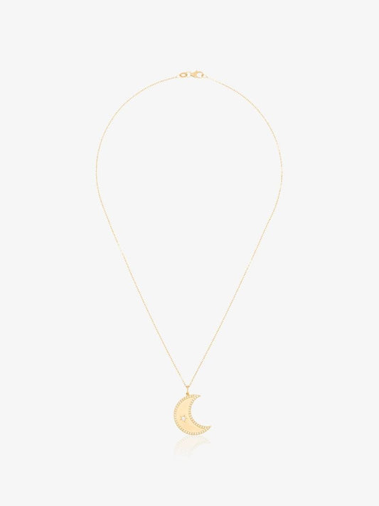 18k Yellow Gold Crescent Moon Diamond Pendant Necklace
