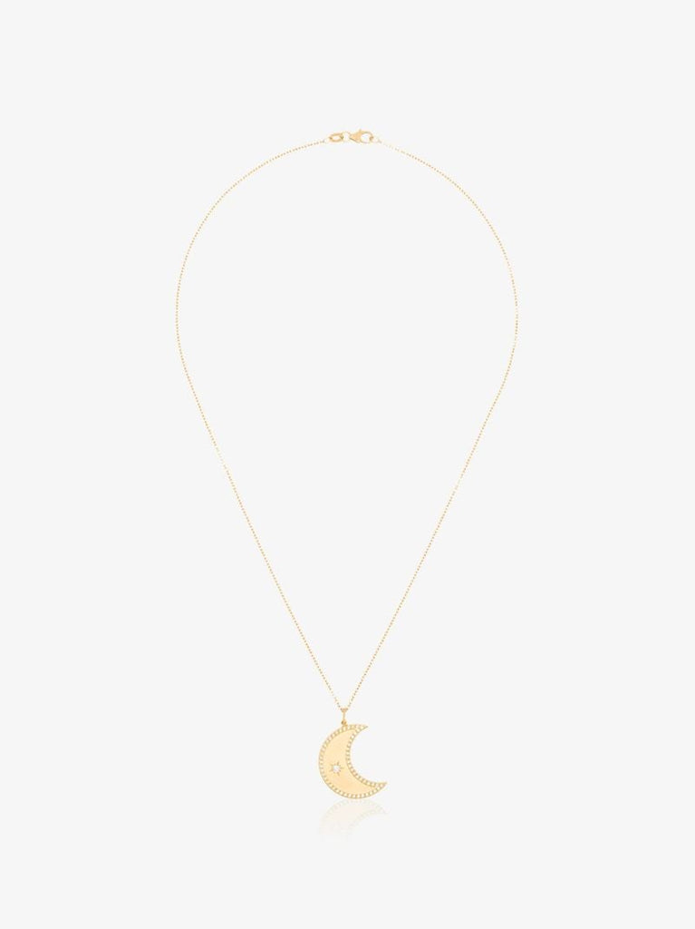 18k Yellow Gold Crescent Moon Diamond Pendant Necklace