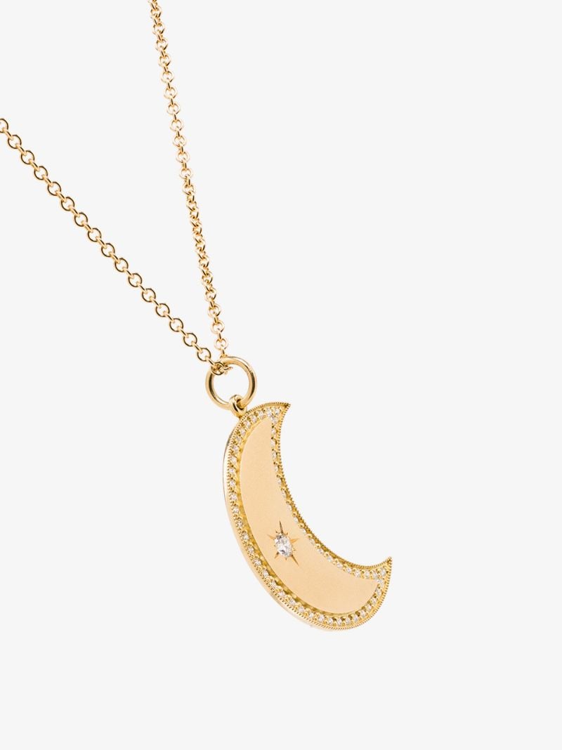 18k Yellow Gold Crescent Moon Diamond Pendant Necklace