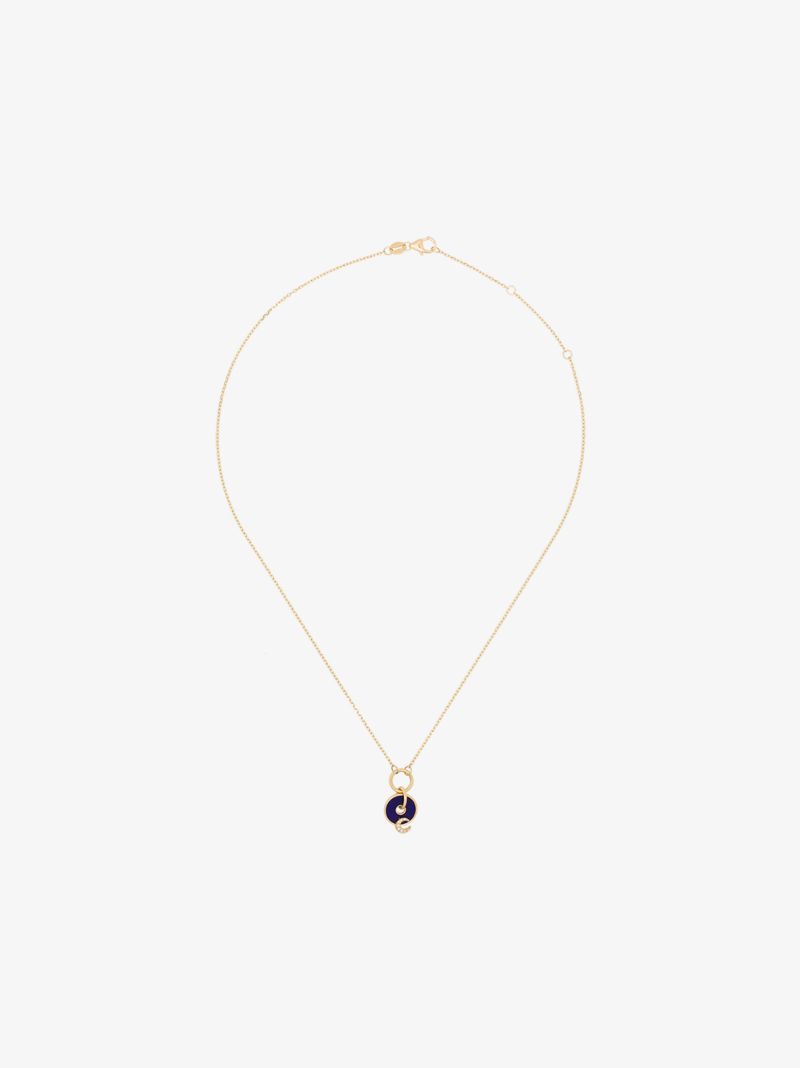 18k Yellow Gold Blue Crescent Medallion Charm Diamond Necklace