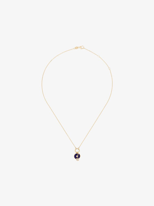 18k Yellow Gold Blue Crescent Medallion Charm Diamond Necklace