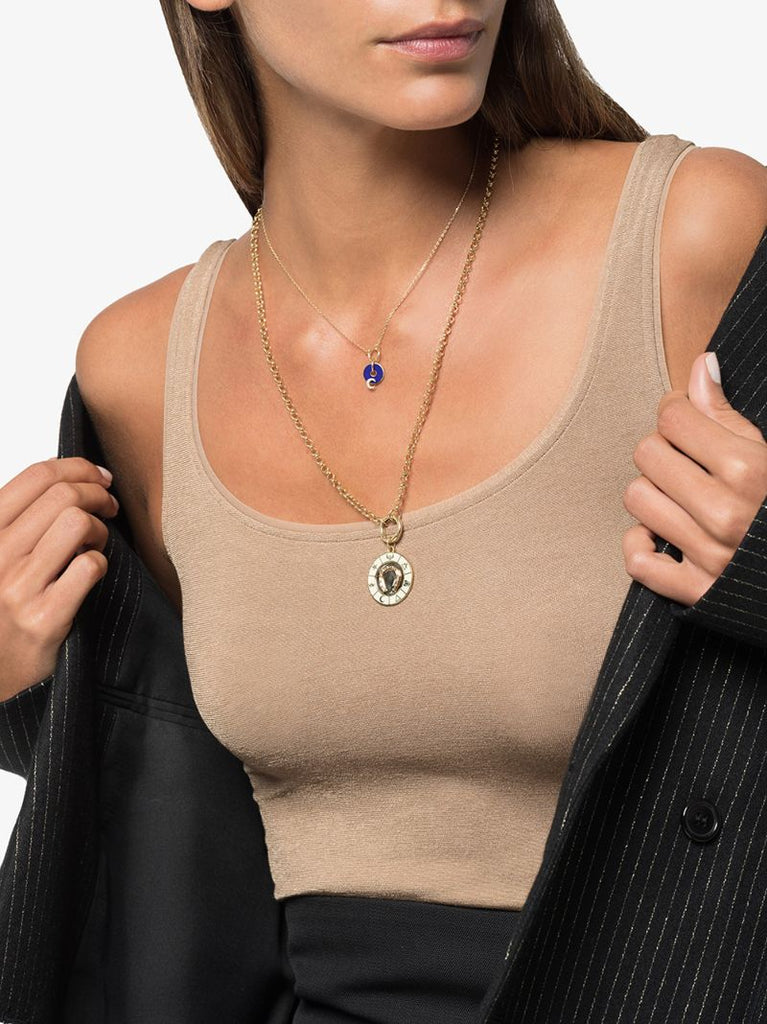 18k Yellow Gold Blue Crescent Medallion Charm Diamond Necklace