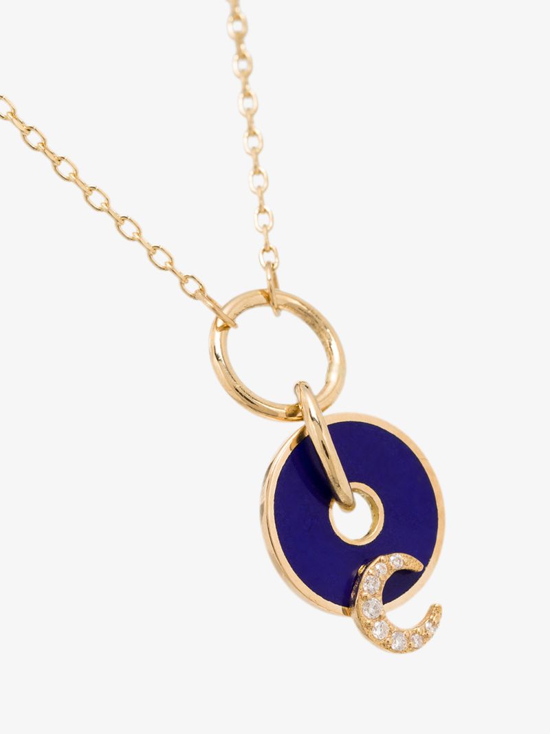 18k Yellow Gold Blue Crescent Medallion Charm Diamond Necklace
