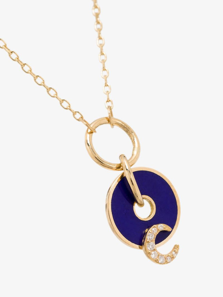 18k Yellow Gold Blue Crescent Medallion Charm Diamond Necklace
