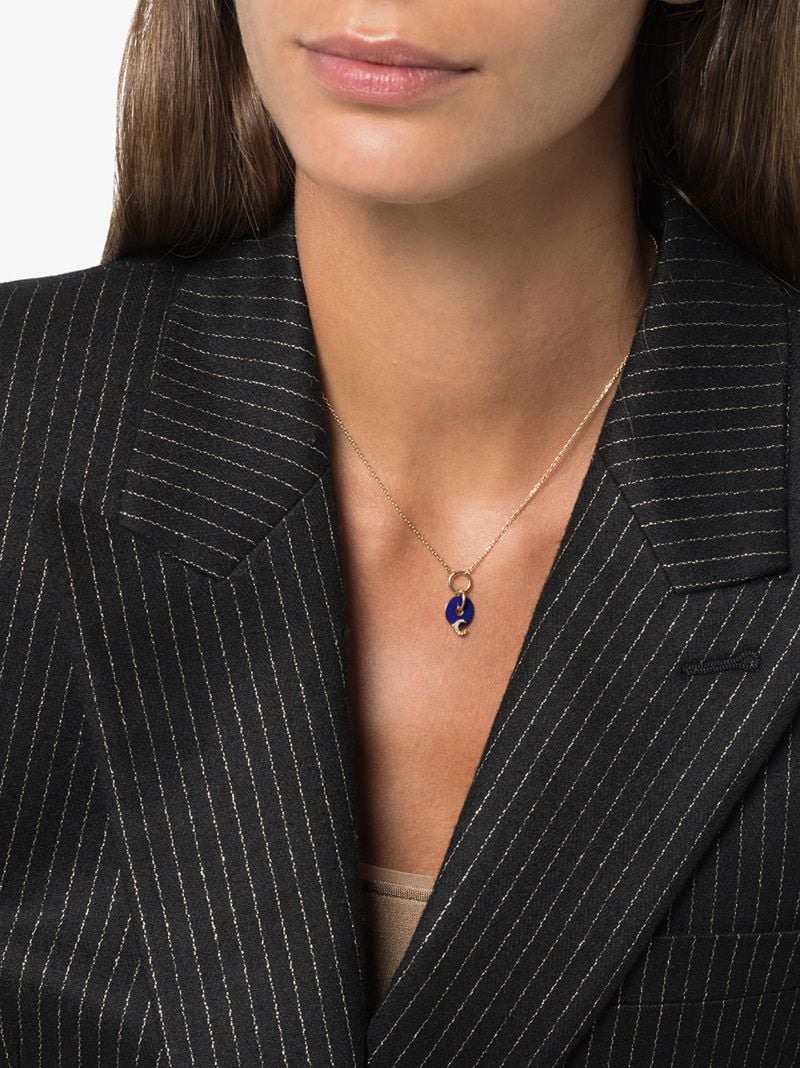 18k Yellow Gold Blue Crescent Medallion Charm Diamond Necklace
