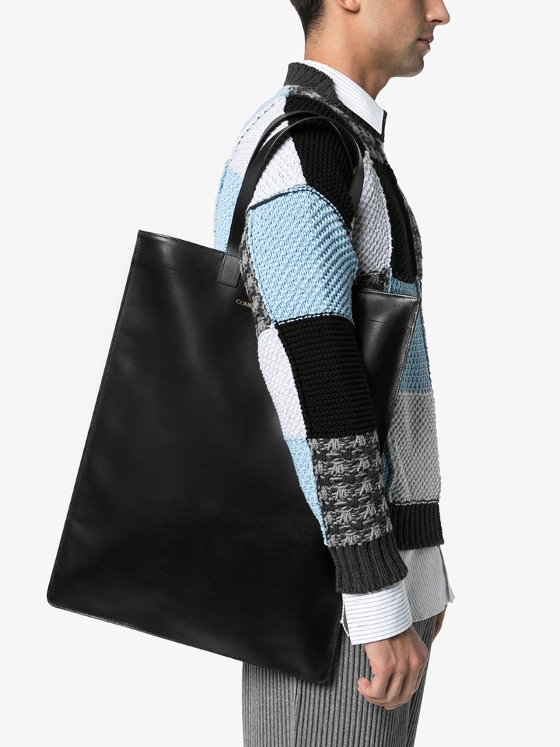 Black Logo Print Leather Tote Bag