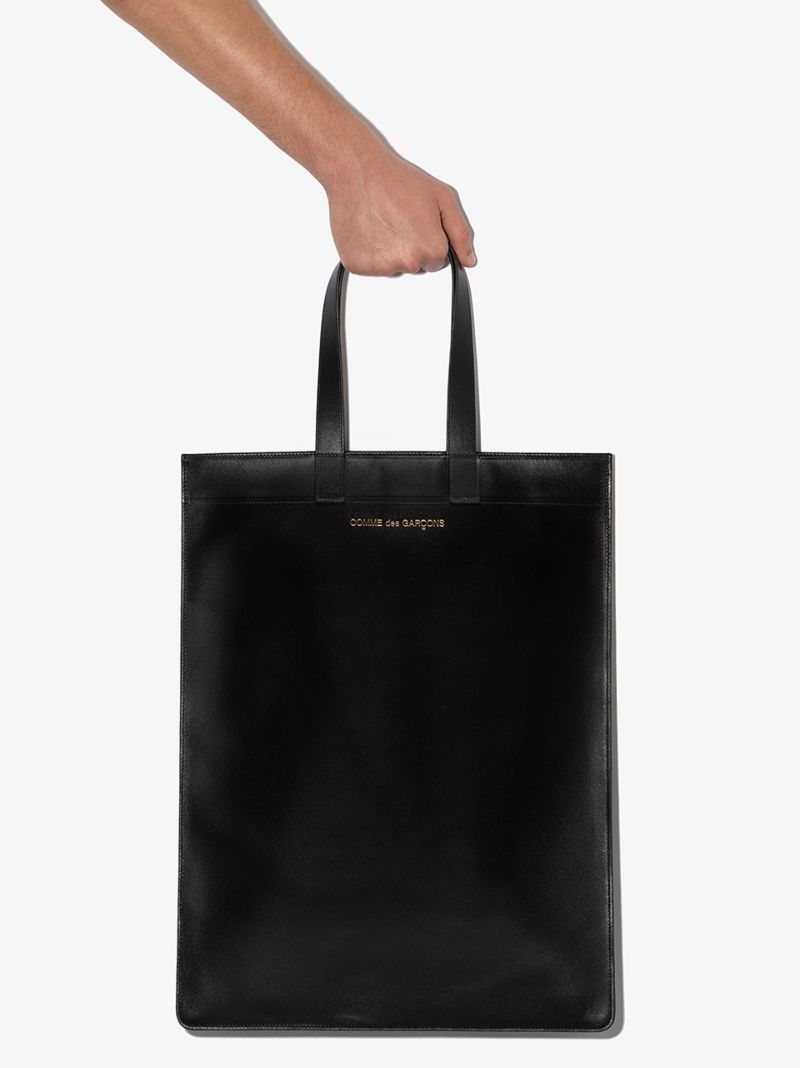 Black Logo Print Leather Tote Bag