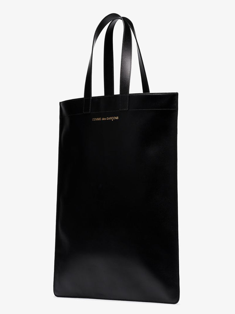 Black Logo Print Leather Tote Bag