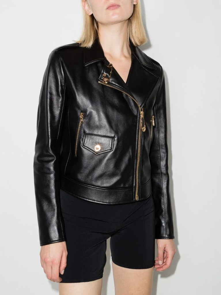 Safety Pin Cropped Leather Biker Jacket