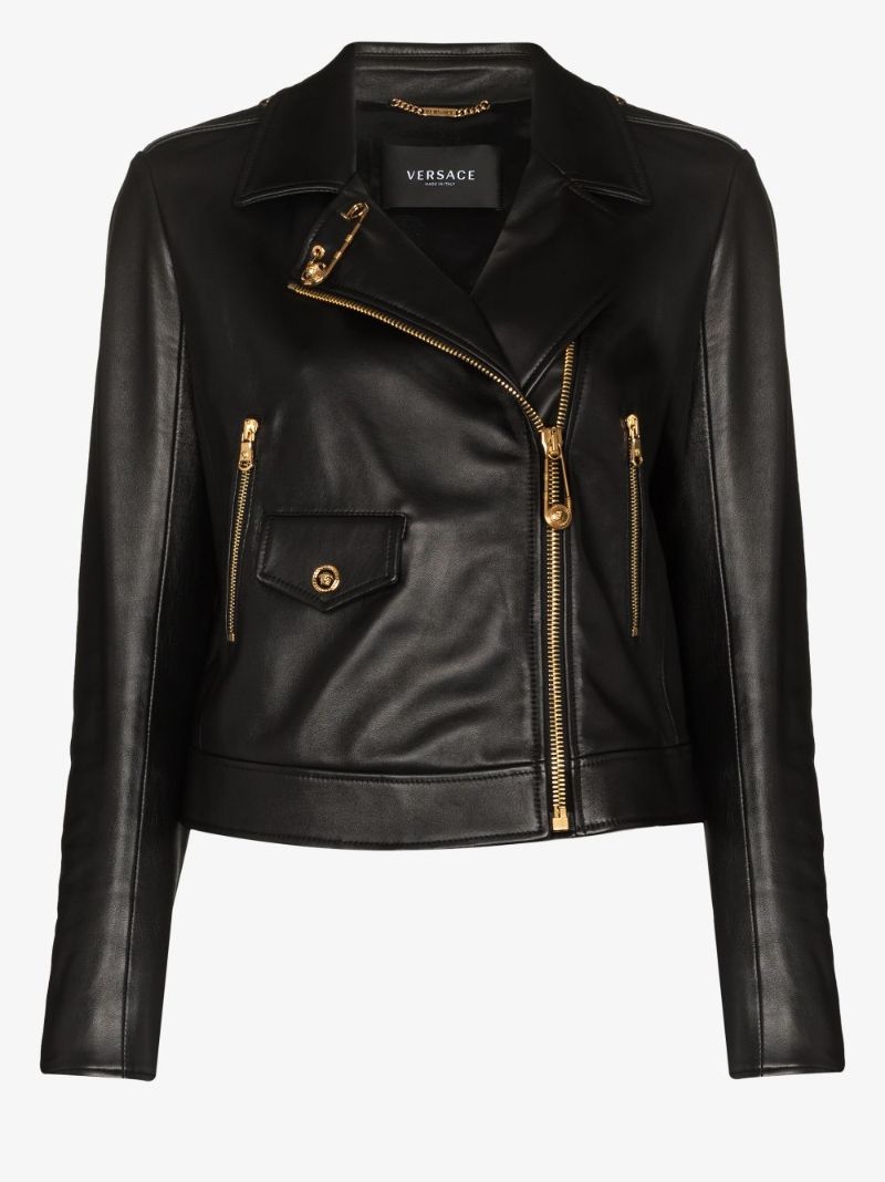 Safety Pin Cropped Leather Biker Jacket