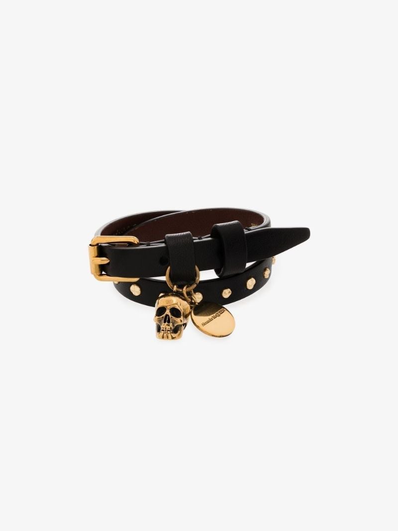 Black Studded Skull Wrap Leather Bracelet