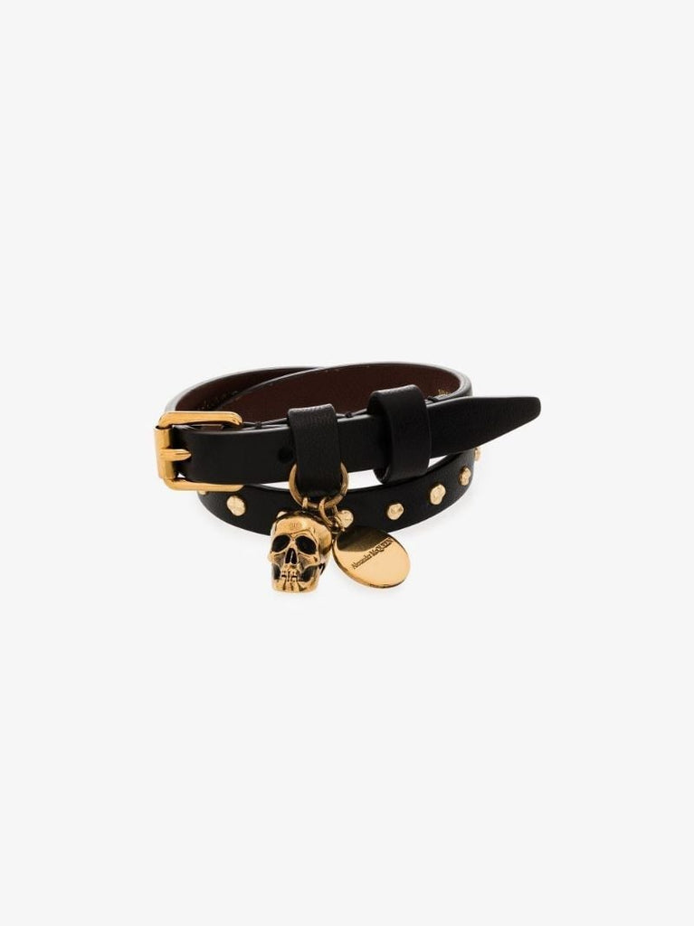 Black Studded Skull Wrap Leather Bracelet