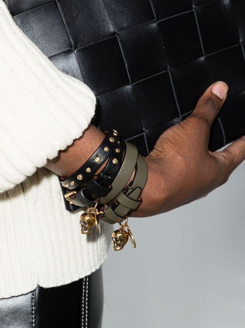 Black Studded Skull Wrap Leather Bracelet