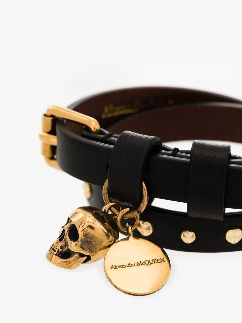 Black Studded Skull Wrap Leather Bracelet