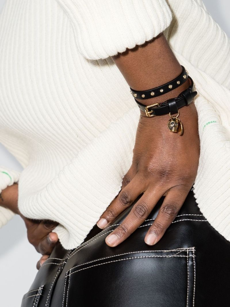 Black Studded Skull Wrap Leather Bracelet