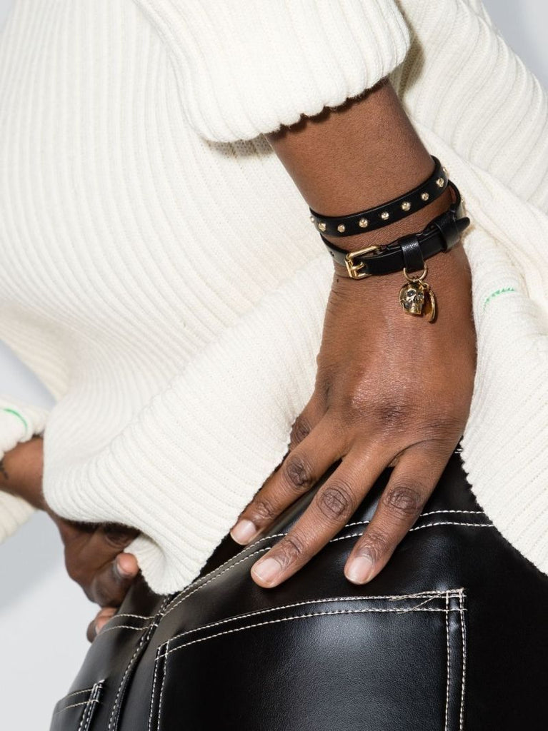 Black Studded Skull Wrap Leather Bracelet