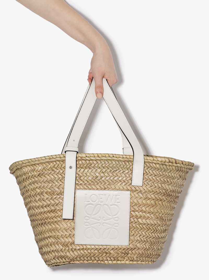 Beige Leather Logo Raffia Basket Tote Bag