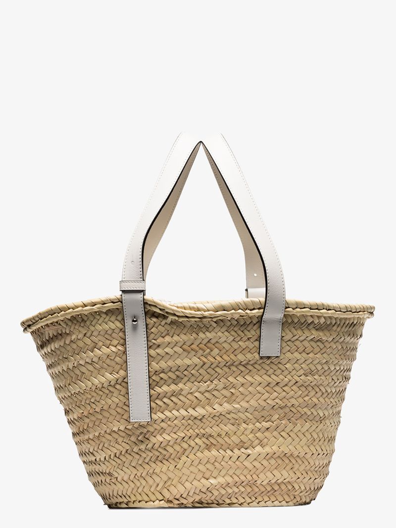 Beige Leather Logo Raffia Basket Tote Bag