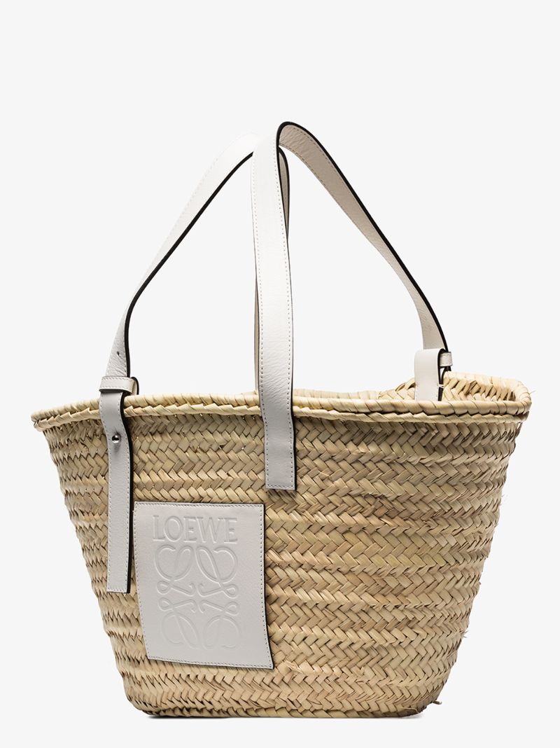 Beige Leather Logo Raffia Basket Tote Bag