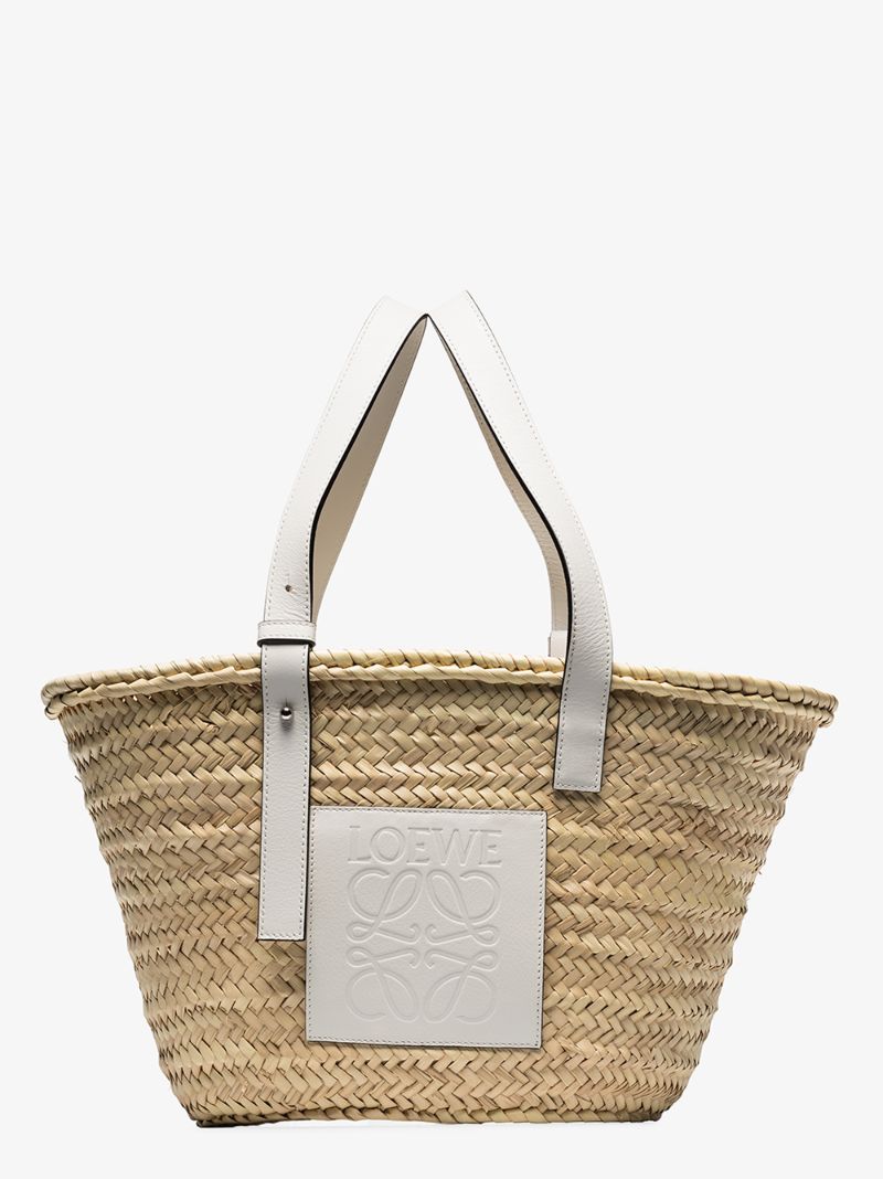 Beige Leather Logo Raffia Basket Tote Bag
