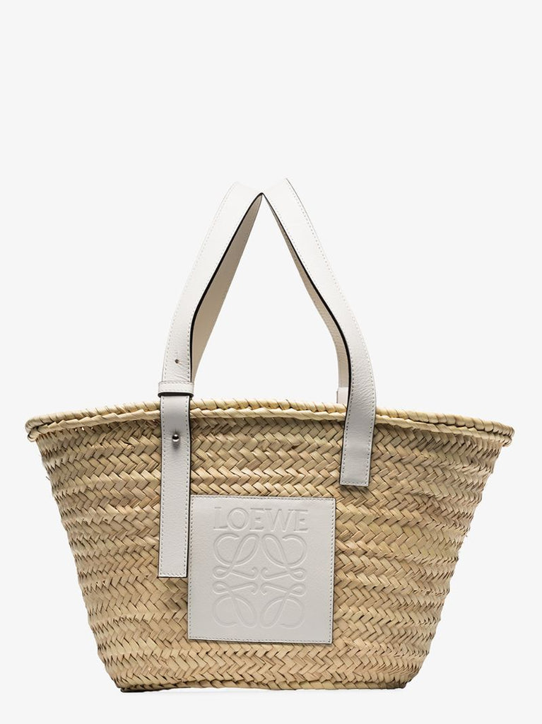 Beige Leather Logo Raffia Basket Tote Bag