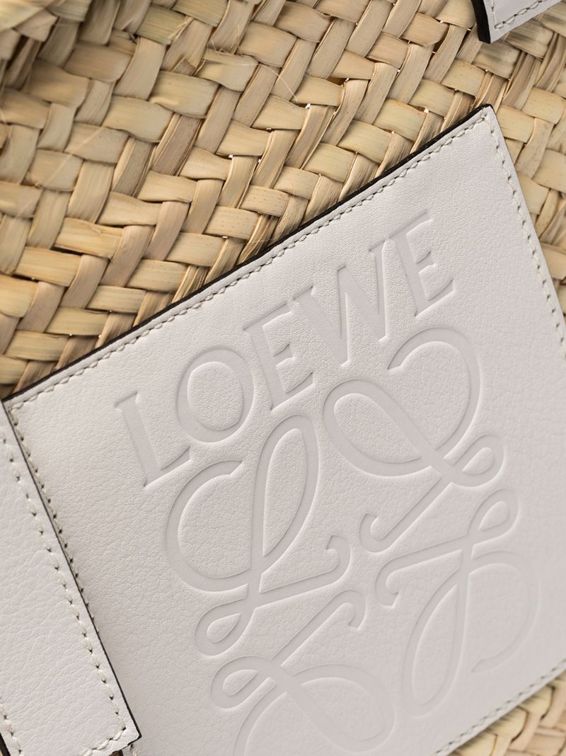 Beige Leather Logo Raffia Basket Tote Bag