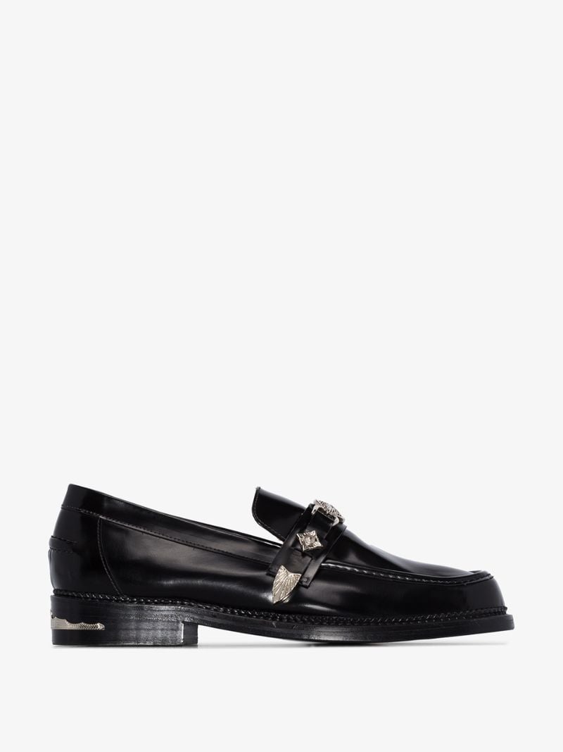 Black Embellished Strap Leather Loafers