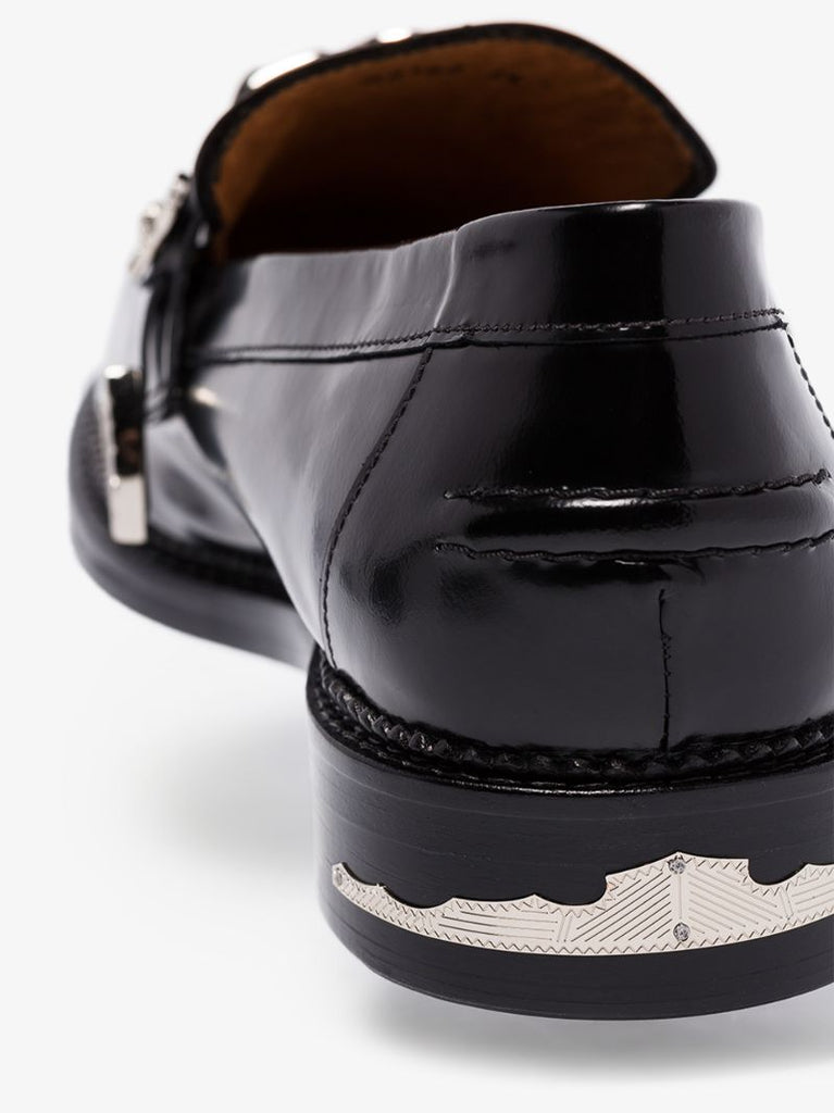 Black Embellished Strap Leather Loafers